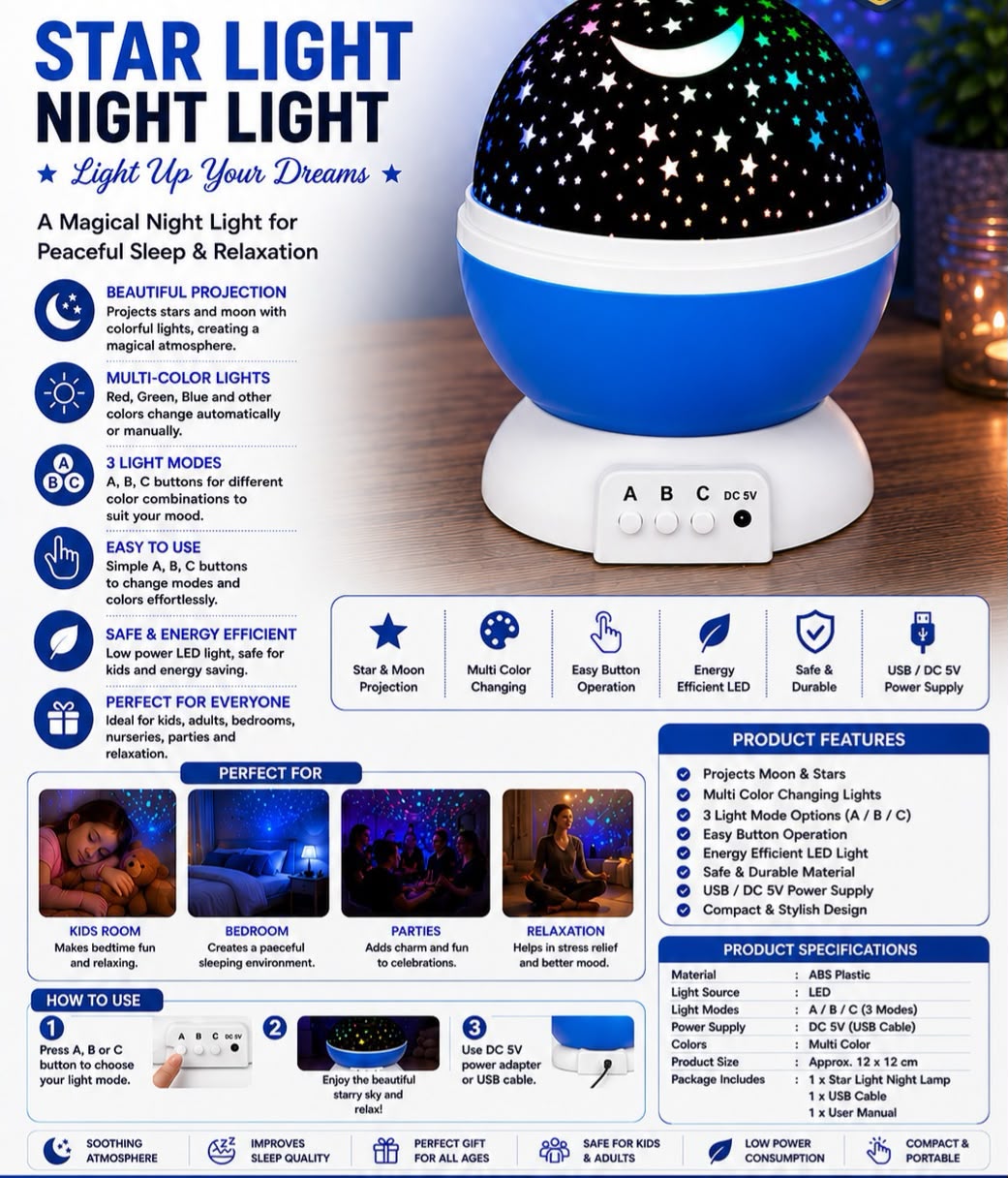 Star Light Night Light Projector – Galaxy Moon & Star Projector with 3 Color Modes, USB Powered