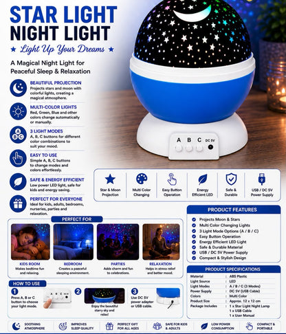 Star Light Night Light Projector – Galaxy Moon & Star Projector with 3 Color Modes, USB Powered