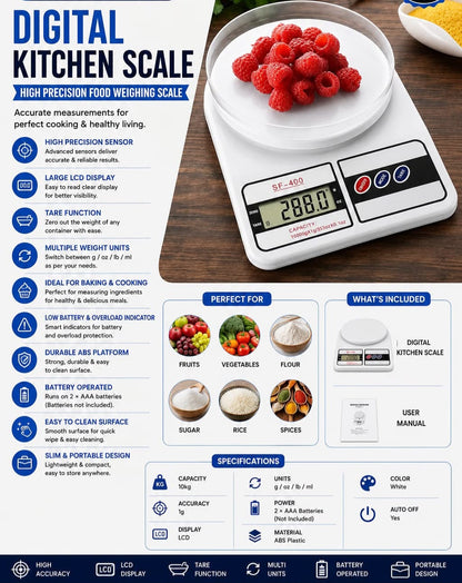 Digital Kitchen Scale – High Precision Food Weighing Scale, 10kg Capacity with LCD Display, Tare Function & Multiple Units
